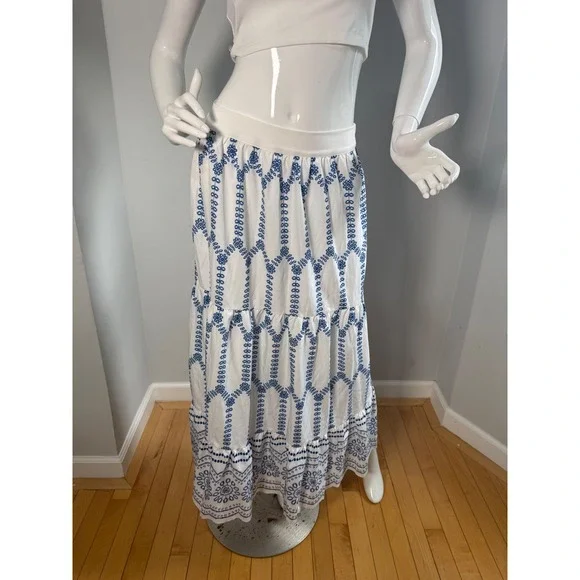 Commense Boho Blue & White Embroidered Maxi Skirt Flowing Tiered Summer Skirt S - Picture 4 of 10
